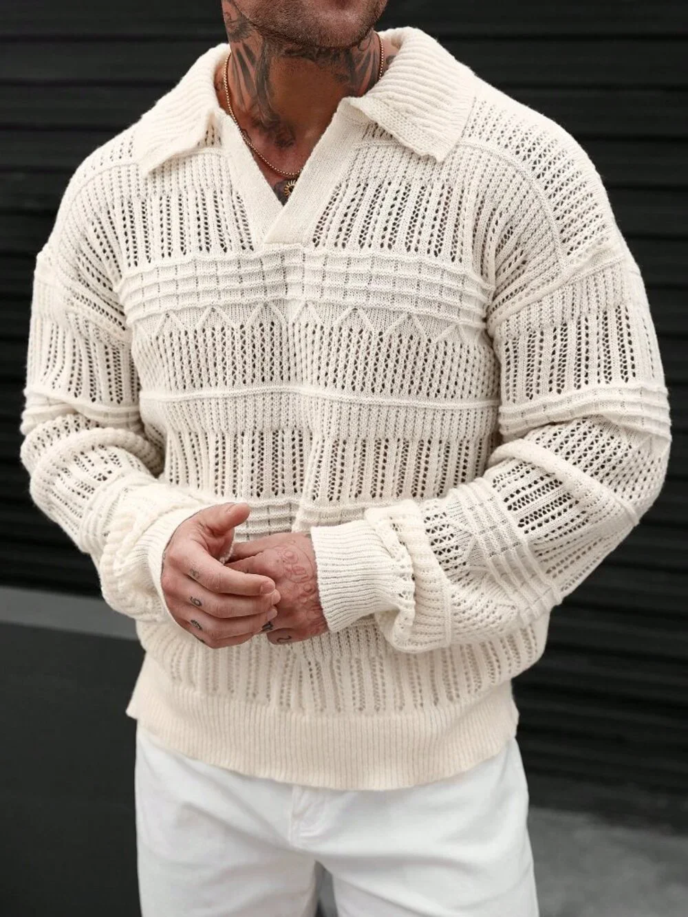 Multicolor Casual Men's Loose Drop Sleeve Rib-Knit Hollow Out Sweater
